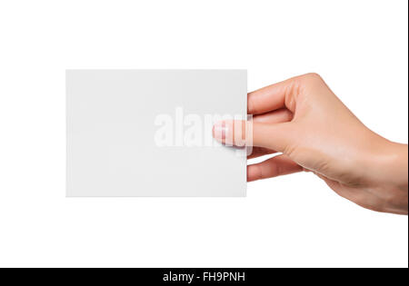 Female teen hand holding blank visiting card, isolated on white Stock Photo