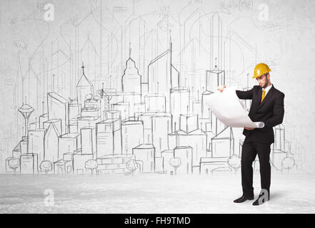 Construction worker with cityscape background Stock Photo