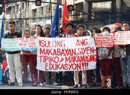 Manila, Philippines. 24th Feb, 2016. Students hold placards at a protest in Mendiola Manila criticizing the government in continuous tuition fee hike. Members of League of Filipino Students and Kabataan Partylist demanded to stop annual tuition fee and miscellaneous increase, and scrap all other fees particularly in state universities. They also slammed the Commission on Higher Education allowing universities and colleges the right to increase school fees. Credit:  Marlo Cueto/Pacific Press/Alamy Live News Stock Photo