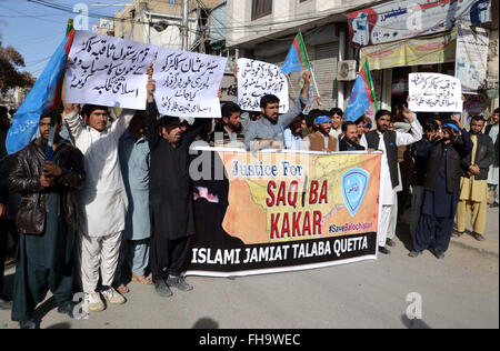 Activists of Islami Jamiat Tulba (IJT) chant slogans for providing justice to a despondent 17 years old Saqiba Kakar who was committed suicide during protest demonstration at Quetta press club on Wednesday, February 24, 2016. An Intermediate student of Muslim Bagh Girls College committed suicide after the principal of the college refused to send her examination admission forms. Stock Photo