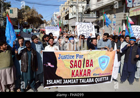 Activists of Islami Jamiat Tulba (IJT) chant slogans for providing justice to a despondent 17 years old Saqiba Kakar who was committed suicide during protest demonstration at Quetta press club on Wednesday, February 24, 2016. An Intermediate student of Muslim Bagh Girls College committed suicide after the principal of the college refused to send her examination admission forms. Stock Photo