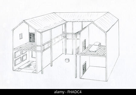 Line drawing of a two storey ancient Athenian Greek house. Stock Photo