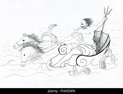 Neptune, Roman god of the sea in his chariot line drawing illustration Stock Photo