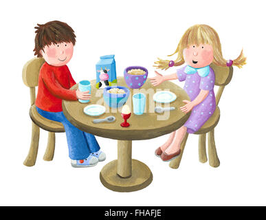 Acrylic illustration of kids eating breakfast - artistic content Stock Photo