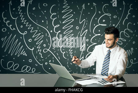 Businessman with curly lines and arrows Stock Photo