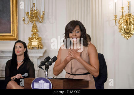 Washington DC, USA. 24th February, 2016.As part of the “In Performance at the White House” series,  the First Lady  hosts a special daytime workshop for students. The First Lady will welcome more than 130 middle school, high school and college students from across the country to take part in an interactive student workshop: “The Musical Legacy of Ray Charles.”She was joined by Yolanda Adams, Leon Bridges, Audra Day, Demi Lavato and Jussie Smollett. Credit:  Patsy Lynch/Alamy Live News Stock Photo