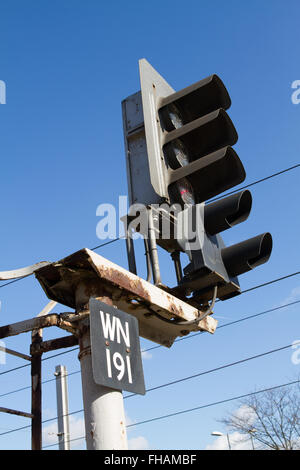 Railway Signal in Sunlight at Warrington Bank Quay Station Stock Photo