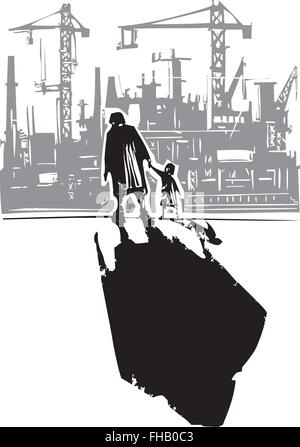 Woodcut style expressionist image of an elderly woman walking in hand with a child to a factory Stock Vector