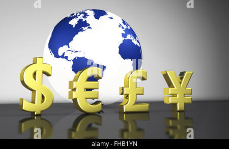 International world economy with currencies symbols and a globe with the world map illustration for currency exchange business.