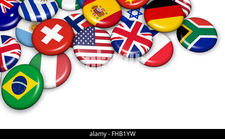 International world flags on scattered buttons badges 3d illustration on white background with copyspace. Stock Photo