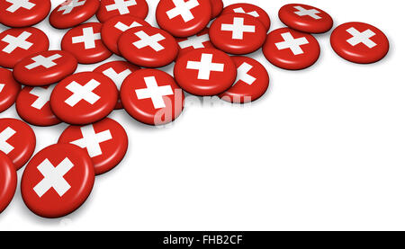 Switzerland flag on badges and white background image for Swiss national day events, holiday and celebration with copyspace. Stock Photo