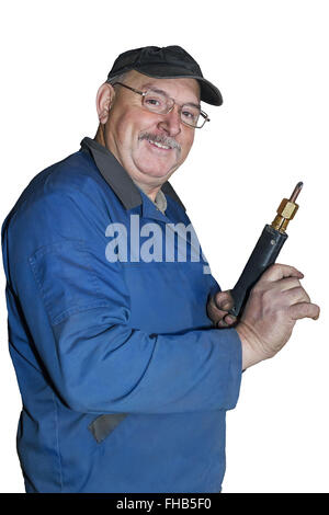 Portrait of a happy middle-aged worker on a white background Stock Photo