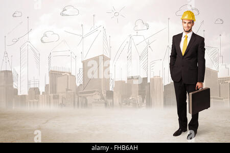 Business engineer planing at construction site with city background Stock Photo