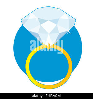 A beautiful sparkling solitaire diamond ring on a golden band on a blue circle background Stock Photo