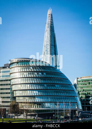 City Hall, The Shard and More London on the South bank of The River Thames from Tower Bridge, City of London, England, UK, Europ Stock Photo