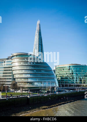 City Hall, The Shard and More London on the South bank of The River Thames from Tower Bridge, City of London, England, UK, Europ Stock Photo