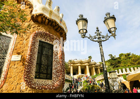 Facade view of gingerbread House of architect Gaudi and Park Guell in a sunny Barcelona day, Spain. Stock Photo