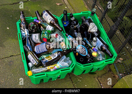 Green plastic boxes of  glass bottles waiting to be collected, part of the City of Edinburgh Council's recycling scheme. Stock Photo