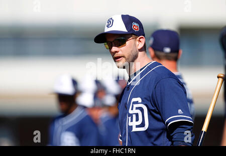 Peoria, AZ, USA. 24th Feb, 2016. San Diego Padres manager Andy Green looks on during practice at spring training. | (K.C. Alfred/ San Diego Union-Tribune Credit:  K.C. Alfred/U-T San Diego/ZUMA Wire/Alamy Live News Stock Photo