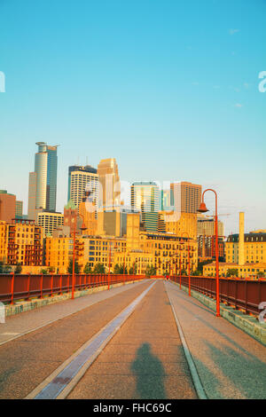 Downtown Minneapolis, Minnesota in the morning as seen from the famous stone arch bridge Stock Photo