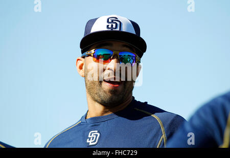 Peoria, AZ, USA. 24th Feb, 2016. San Diego Padres outfielder Matt Kemp looks on at spring training. | (K.C. Alfred/ San Diego Union-Tribune Credit:  K.C. Alfred/U-T San Diego/ZUMA Wire/Alamy Live News Stock Photo