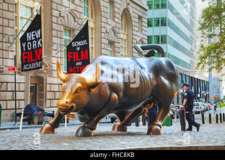 NEW YORK CITY - September 5: Charging Bull sculpture on September 5, 2015 in New York City. Stock Photo