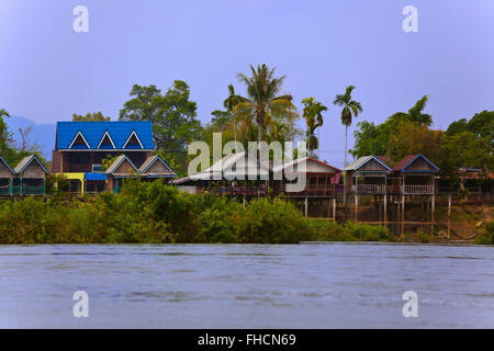 HOTELS on DON DET ISLAND in the 4 Thousand Islands area along the Mekong River - SOUTHERN, LAOS Stock Photo
