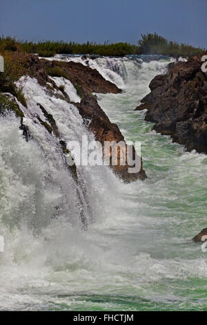 The TAM I DAENG WATERFALL is off the beaten track on the MEKONG RIVER in the 4 Thousand Islands Area (Si Phan Don) near DONE KHO Stock Photo