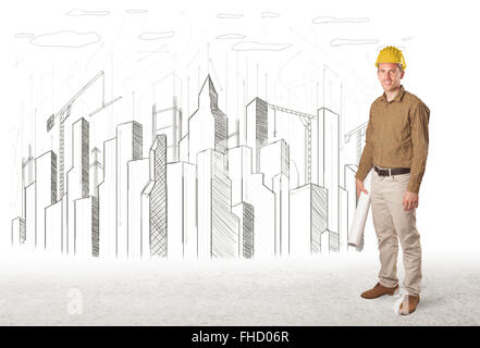 Engineer man with building city drawing in background Stock Photo