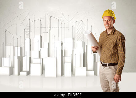 Construction worker planing with 3d buildings in background Stock Photo
