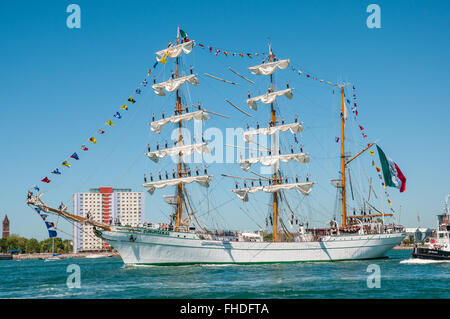 ARM Cuauhtemoc leaving Portsmouth Harbour and passing Gosport Waterfront. Stock Photo
