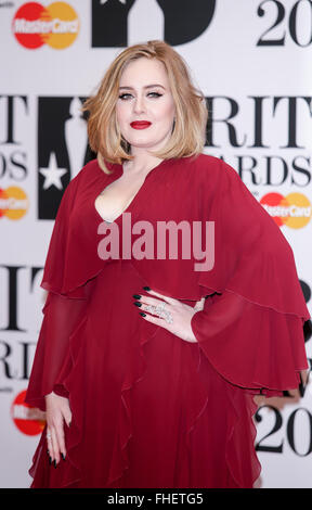 London, UK. 24th Feb, 2016. Adele arrives at the BRIT Awards at The O2 Arena in London, England, on 24 February 2016. Credit:  dpa picture alliance/Alamy Live News Stock Photo