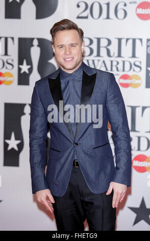 London, UK. 24th Feb, 2016. Olly Murs arrives at the BRIT Awards at The O2 Arena in London, England, on 24 February 2016. Credit:  dpa picture alliance/Alamy Live News Stock Photo