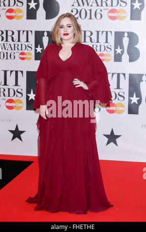 London, UK. 24th Feb, 2016. Adele arrives at the BRIT Awards at The O2 Arena in London, England, on 24 February 2016. Credit:  dpa picture alliance/Alamy Live News Stock Photo