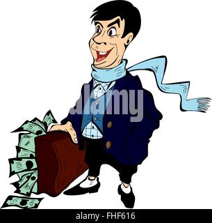Rich man with a suitcase full of money, isolated on white background Stock Vector