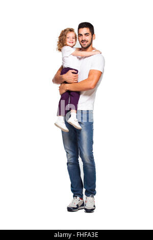 young handsome father with his little daughter isolated on white Stock Photo