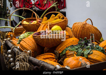 Cart full with pumpkins, corn, apples and other autumn food Stock Photo
