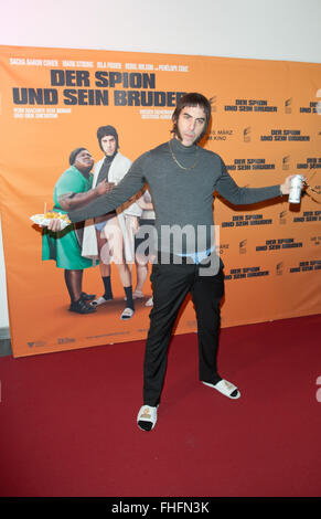 British actor Sacha Baron Cohen arrives to the presentation of the film 'Grimsby' in Berlin, Germany, 24 February 2016. The spy comedy arrives to German cinemas on 10 March 2016. Photo: JOERG CARSTENSEN/dpa Stock Photo