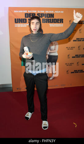 British actor Sacha Baron Cohen arrives to the presentation of the film 'Grimsby' in Berlin, Germany, 24 February 2016. The spy comedy arrives to German cinemas on 10 March 2016. Photo: JOERG CARSTENSEN/dpa Stock Photo