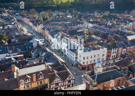 Looking down Broad Street,  Ludlow Town Centre from the top of St Laurence's Church tower, Ludlow, Shropshire Stock Photo