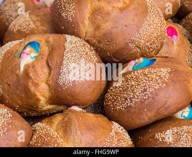 Traditional Mexican Bread called Bread of the Dead (Pan de Muerto) eaten during Day of the Dead festivities in Mexico. Stock Photo