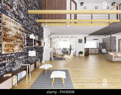 Interior of modern apartment, living room, dining room,kitchen, lounge area 3d render Stock Photo