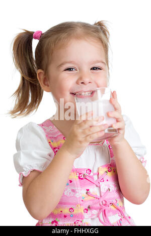 Child Girl drinking Milk or yogurt from glass Stock Photo