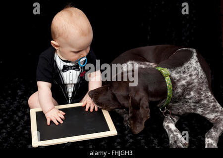 Baby boy and his GSP dog in a photo studio