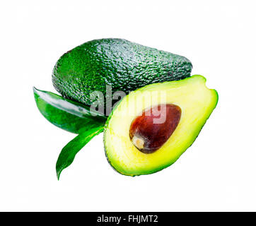 Avocado fruit with leaf isolated on white Stock Photo