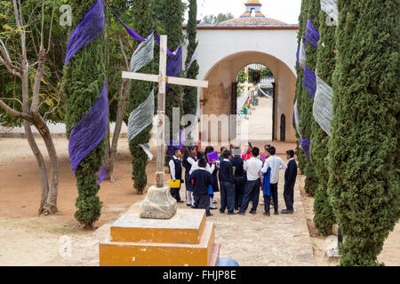 Santa Ana Zegache, Oaxaca, Mexico - A sixth grade class in the Santa Ana Zegache church yard. Stock Photo