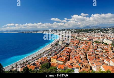 High level panorama of the beach and the Promenade des Anglais around the Bay des Anges in Nice, Cote d'Azur, France Stock Photo