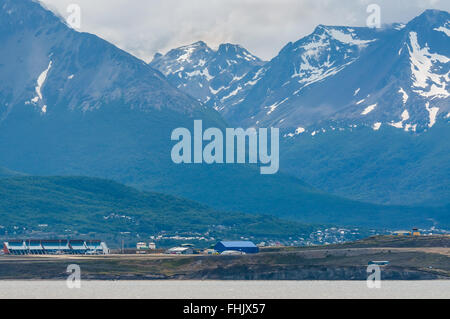 Panoramic views of the Ushuaia Malvinas Argentinas International Airport in the foreground. Stock Photo