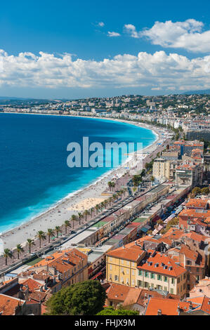 High level panorama of the beach and the Promenade des Anglais around the Bay des Anges in Nice, Cote d'Azur, France Stock Photo