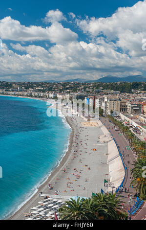 High level panorama of the beach and the Promenade des Anglais around the Bay des Anges in Nice, Cote d'Azur, France Stock Photo